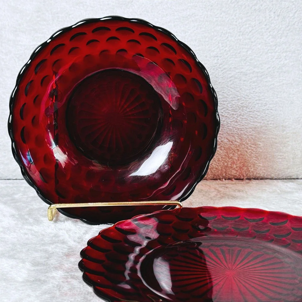 Anchor Hocking Ruby Red Glass Serving Bowl Plate Set Bubble Scalloped Vintage